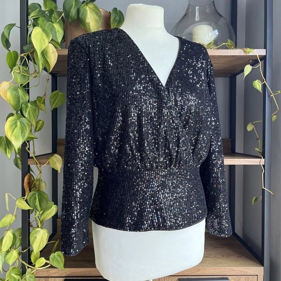 French Connection Sequin Wrap Top UK 12 Black New with Tags - Picture 2 of 9